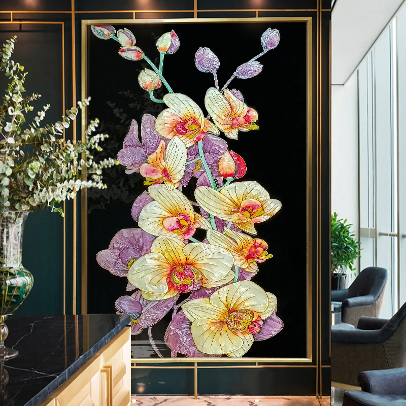 臣萱蝴蝶兰花珐琅彩玄关装饰画现代走廊过道壁画酒店别墅轻奢挂画