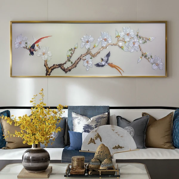臣萱【玉兰喜鹊】新中式珐琅彩装饰画沙发背景墙画客厅卧室横版挂画