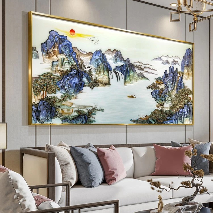 臣萱【高山流水】新中式珐琅彩客厅装饰画背景墙山水挂画掐丝艺术画