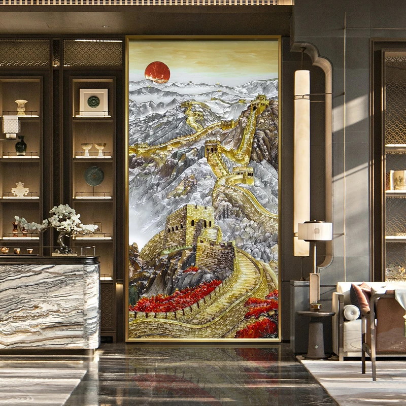 新中式手工珐琅彩装饰画轻奢玄关墙面壁画办公室会所挂画万里长城