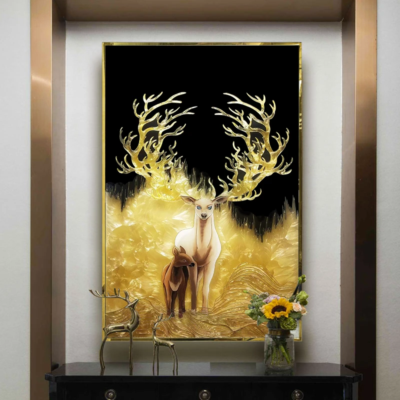 纯手绘珐琅彩装饰画入户玄关挂画麋鹿竖版壁画现代客厅餐厅墙面画