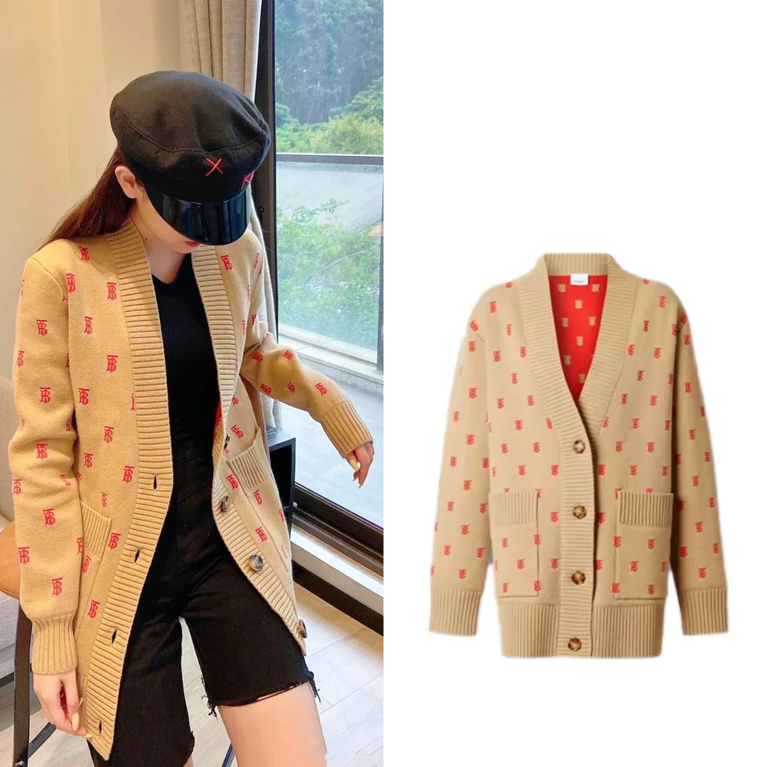 99新 BURBERRY/博柏利 经典TB印花满印羊绒衫V领百搭开衫/S码0808