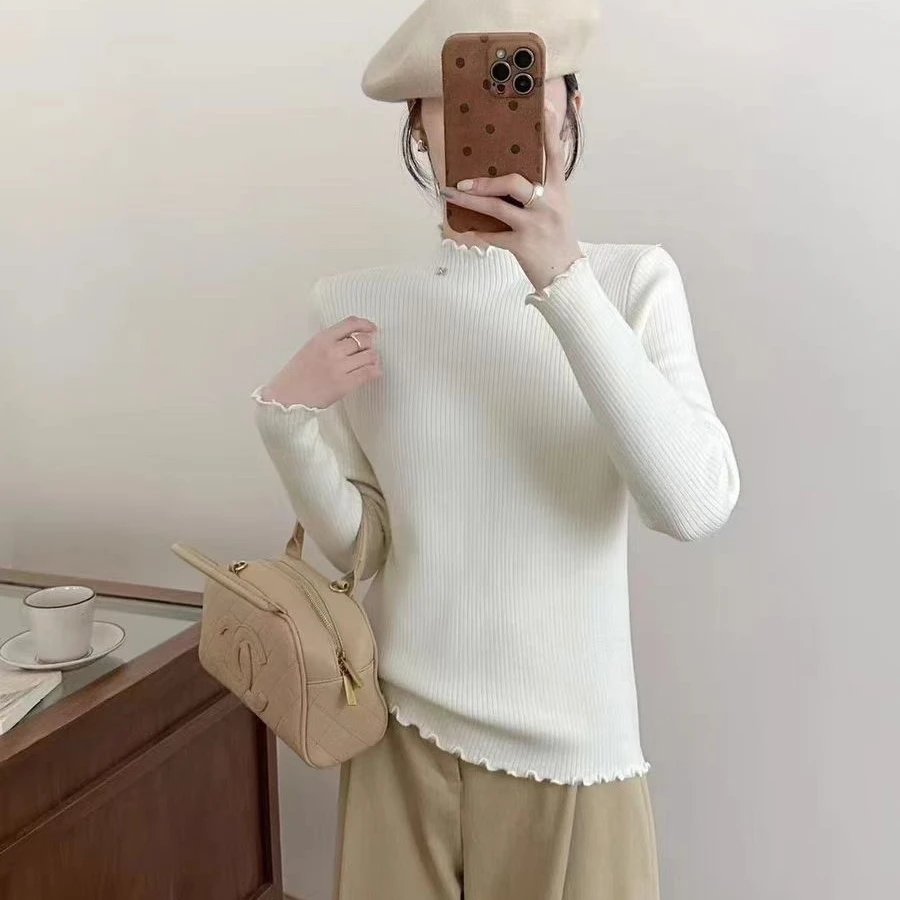 【君君家】2024秋冬时尚百搭小花木耳边半高领一体绒打底上衣毛衣