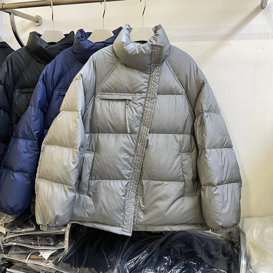 斜拉链羽绒服女2024冬新款韩版宽松立领90白鸭绒中长款面包服外套