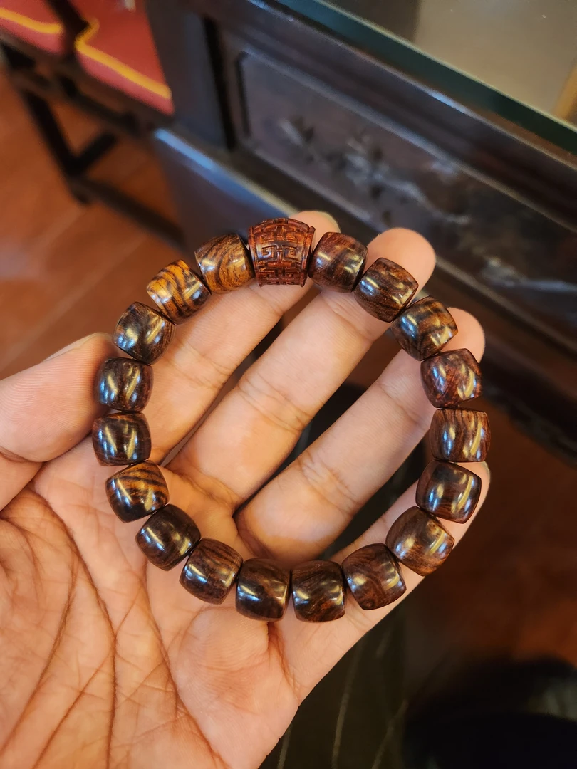 海南黄花梨1.2紫油梨配印度小叶紫檀顶珠单圈手串