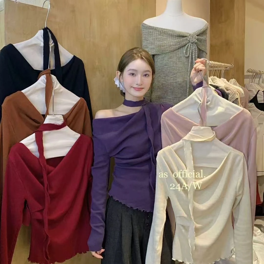 温柔风荡领长袖针织上衣女2024秋季新款气质褶皱修身短款别致小衫