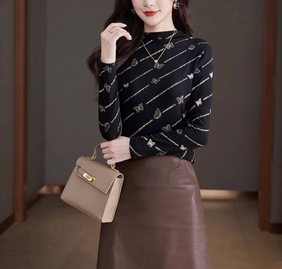 【精品妈妈】2024冬季新款蝴蝶加绒加厚长袖打底上衣女装