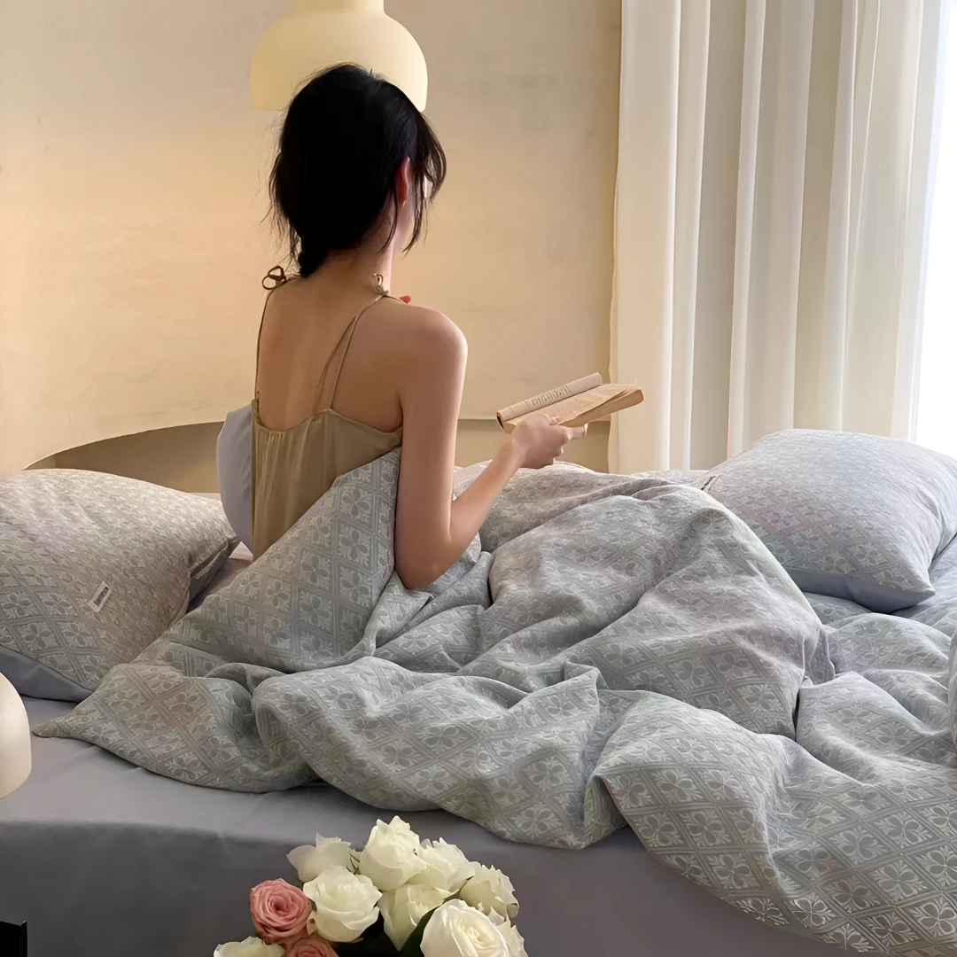 A类全棉色织三层纱四件套提花被套复古风 适用于一年四季