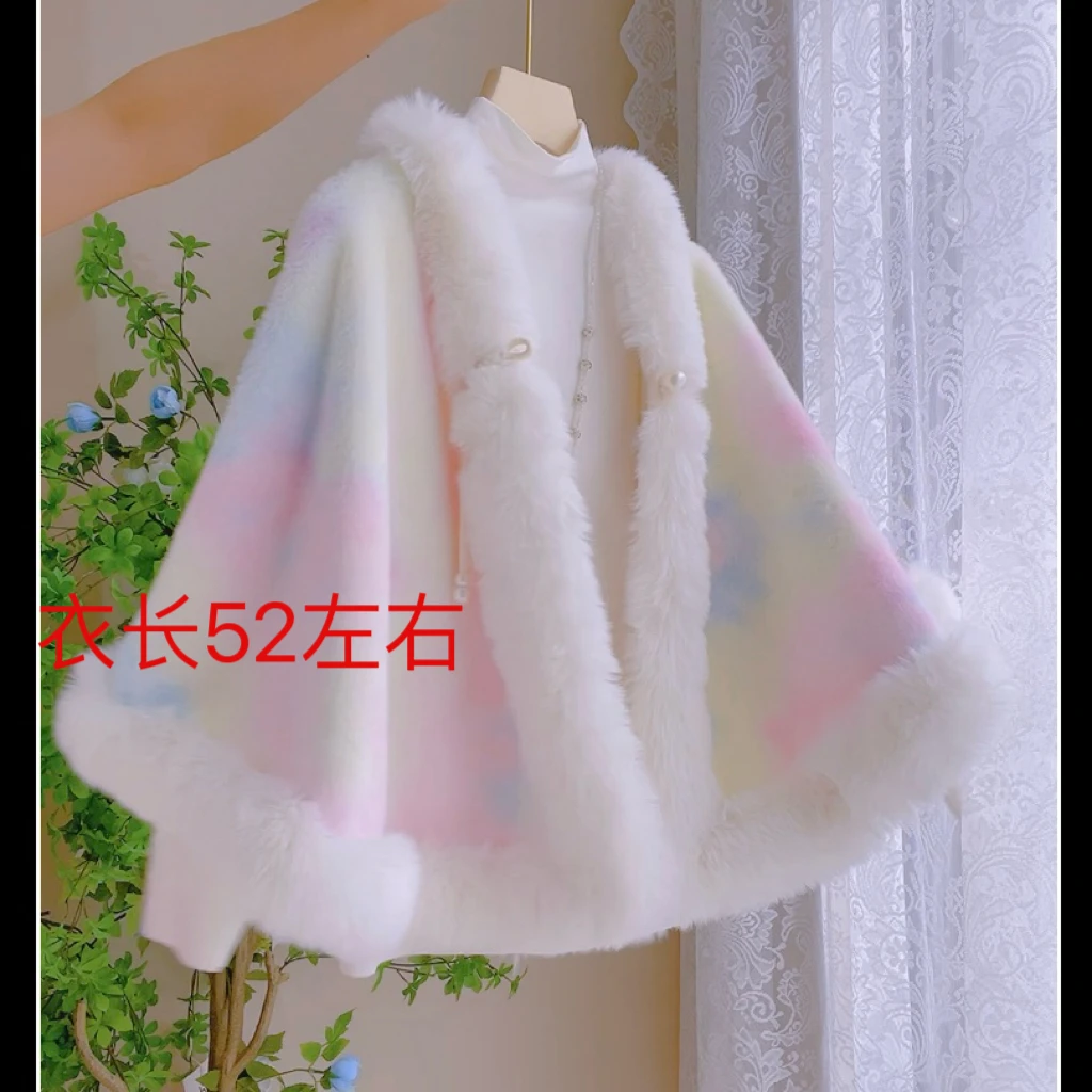 研-短款扎染白色百搭洋气冬季斗篷外套秋冬新款加绒加厚披肩斗篷