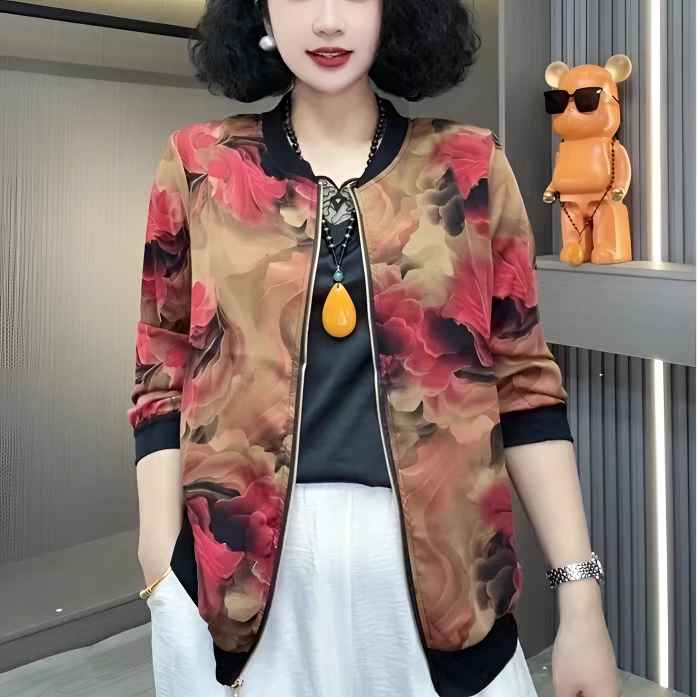 早秋新款时尚妈妈装大码显瘦外套开衫透气印花