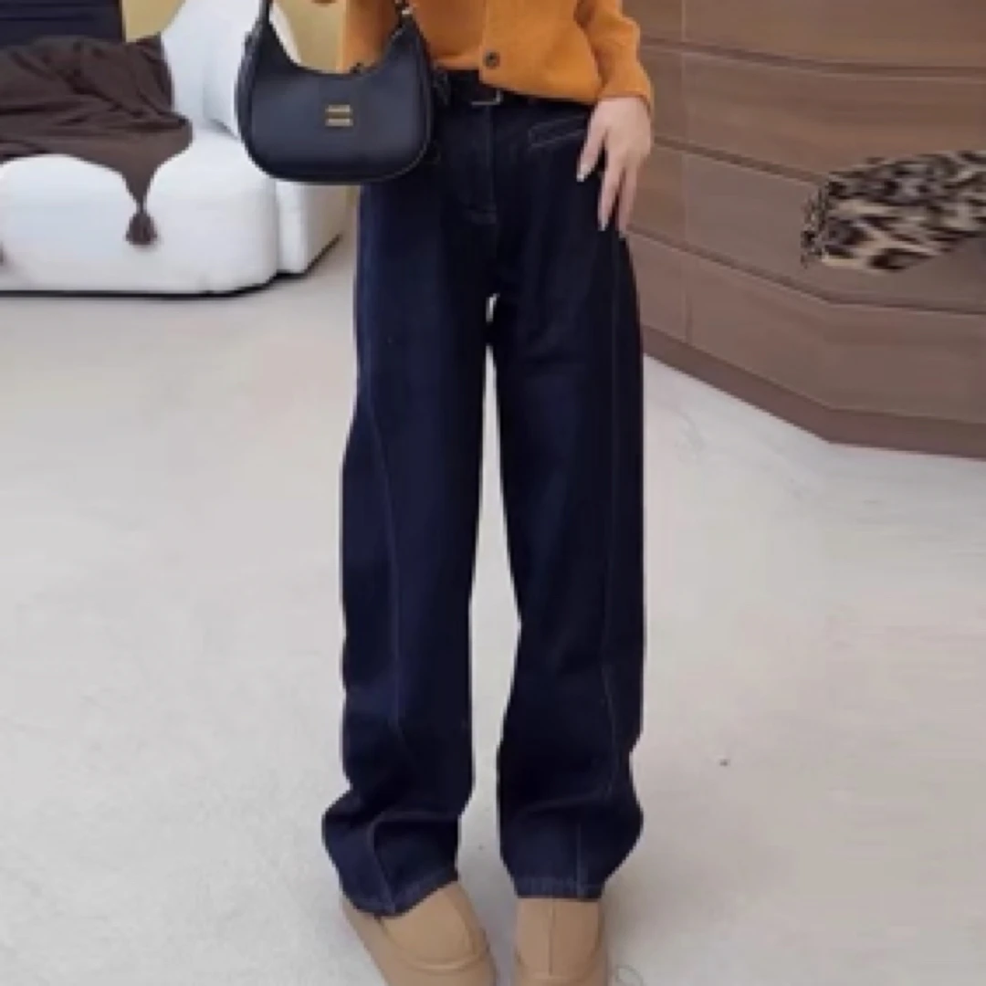 90623韩版复古水洗加绒直筒牛仔裤女冬季新款宽松显瘦弯刀阔腿裤