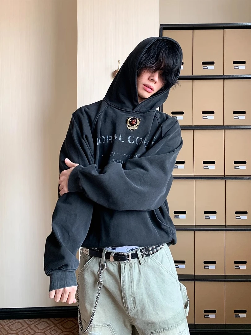 BINXLAN美式水洗做旧短款标语印花连帽卫衣百搭休闲慵懒情侣外套