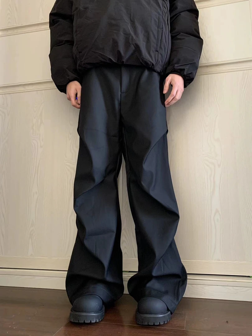 BINXLAN秋冬cleanfit小众设计感褶皱宽松休闲阔腿微喇拖地裤男