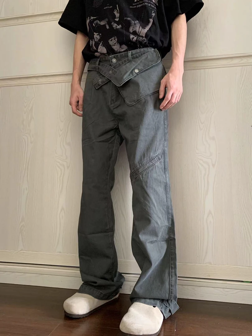 BINXLAN美拉德水洗工装可拆卸口袋腰带直筒牛仔裤男女宽松休闲裤
