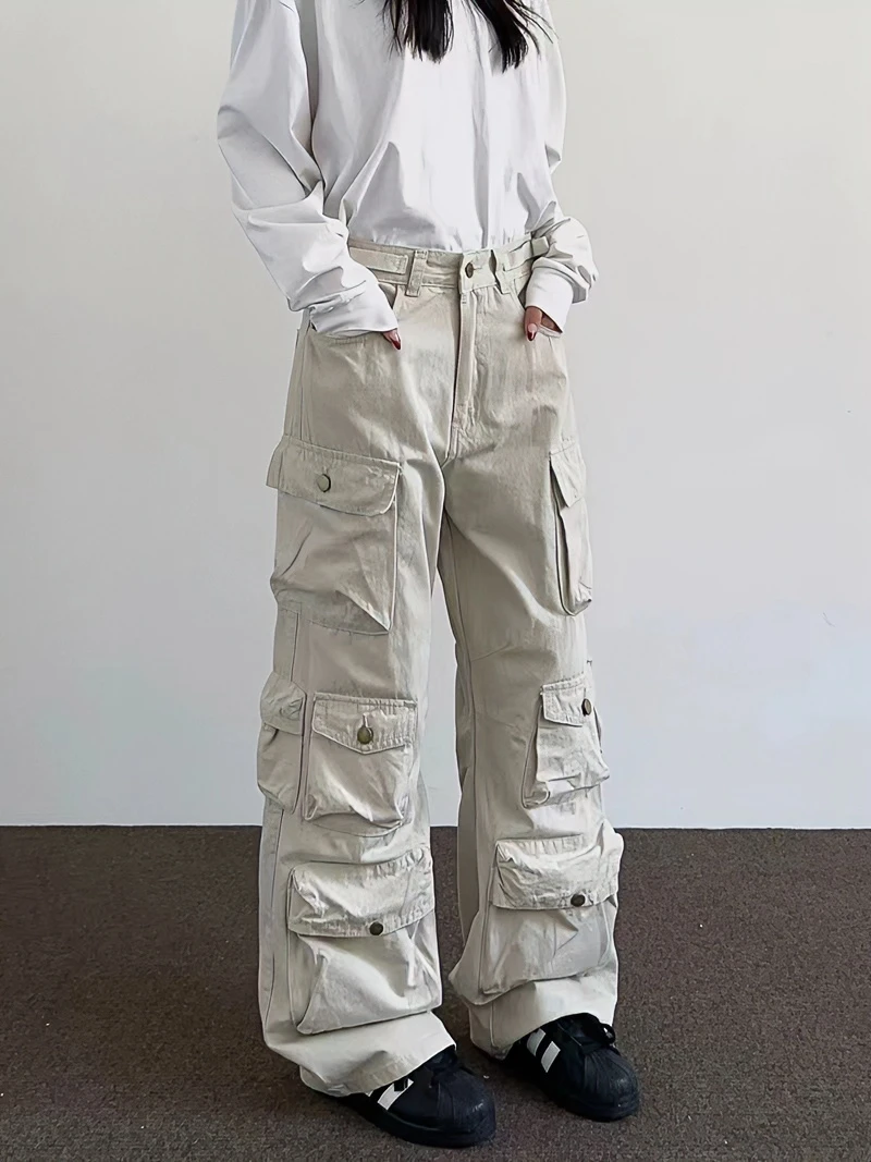 BINXLAN美式重工复古多口袋工装裤cleanfit直筒宽松阔腿裤子男女