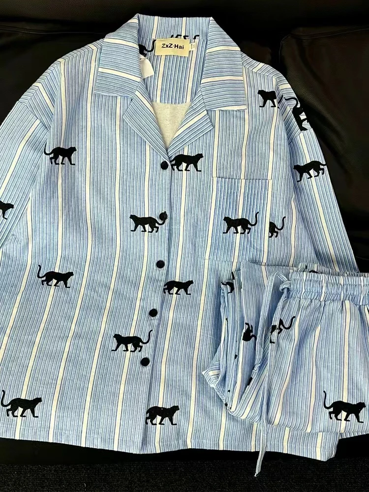 【蓝调豹子条纹】长袖长裤春夏新款小清晰纯棉睡衣女士家居服外穿