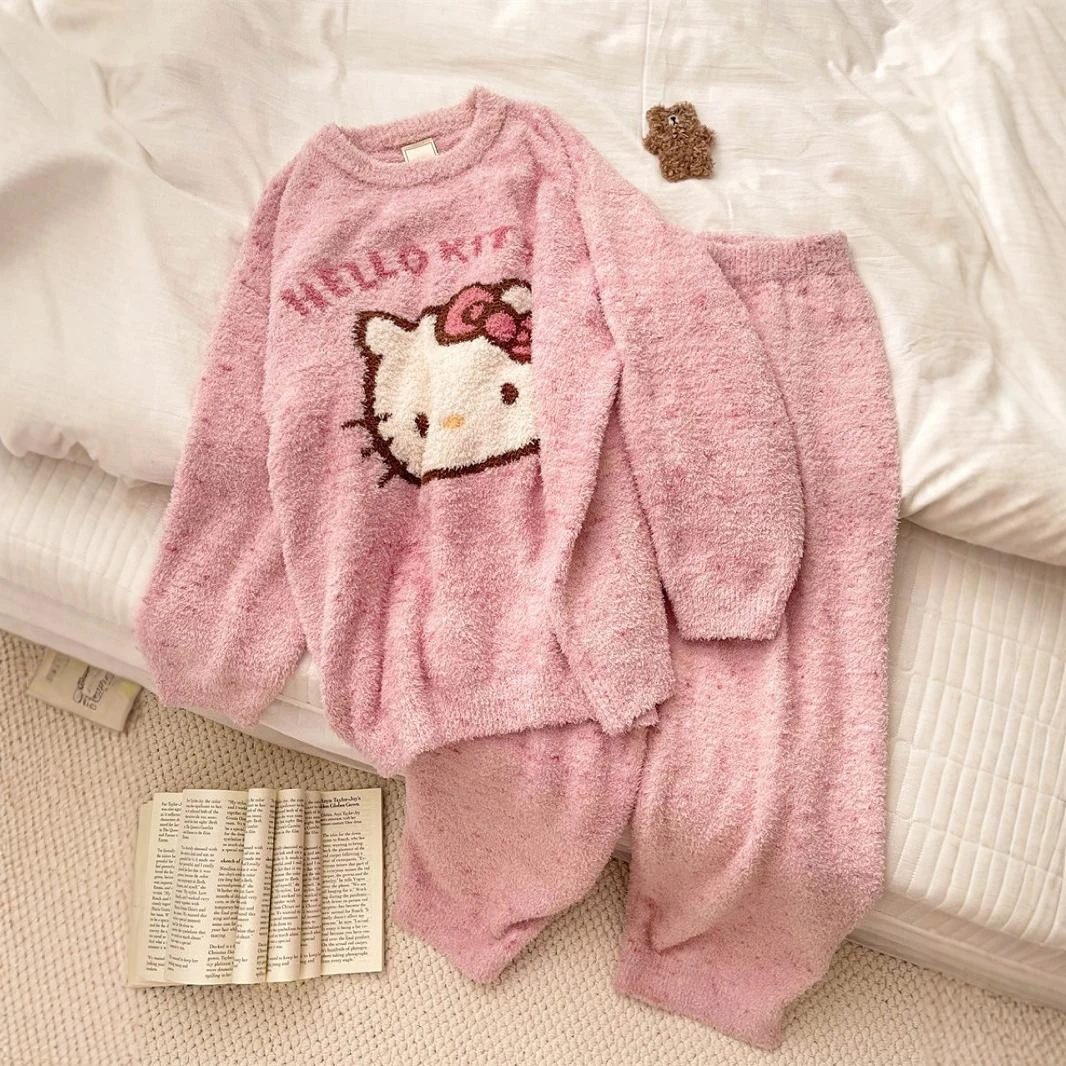 【粉色Kitty】冬新款半边绒长袖睡衣ins休闲可爱可外穿加绒家居服