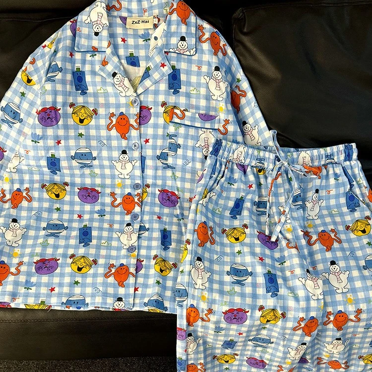 【蓝色格纹雪人】长袖长裤春夏新款小清晰纯棉睡衣男女士家居服外穿