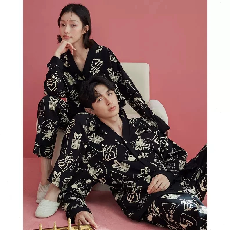 【黑色卡通小人女款】长袖长裤秋冬季新款小清晰纯棉睡衣家居服