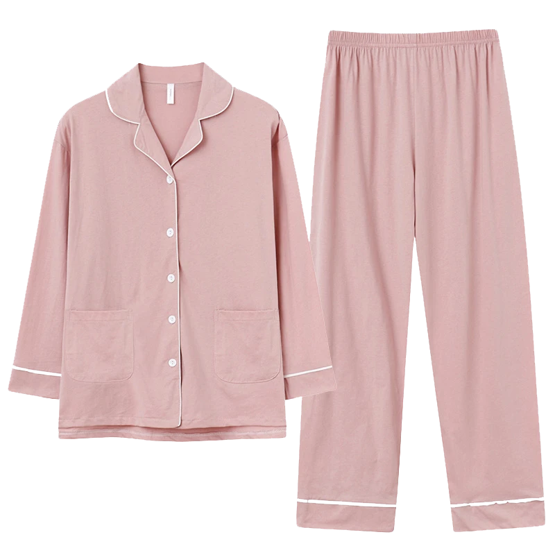 睡衣女春秋翻领薄款纯色棉质2023年款简约大码可外穿家居服女套装