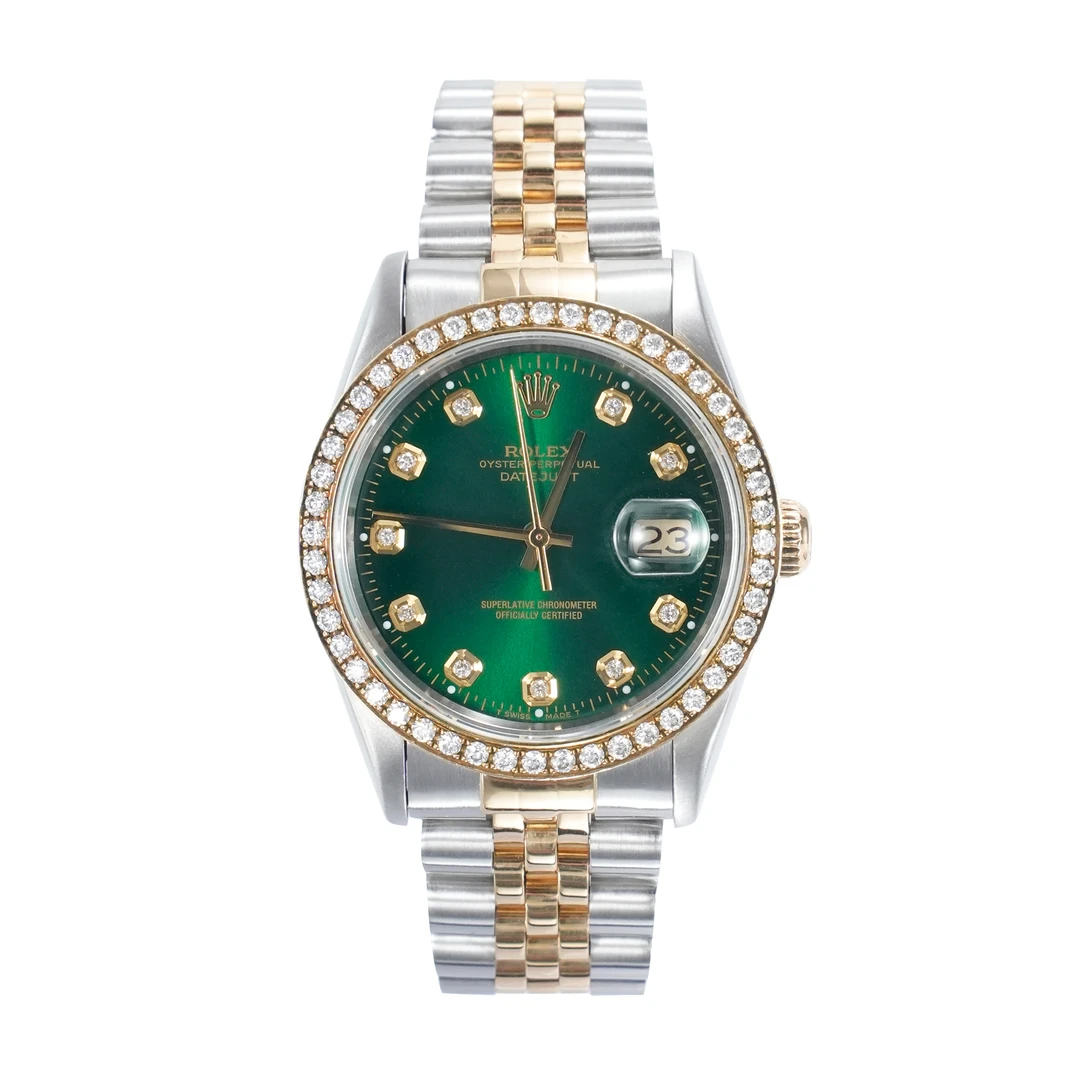 99新 Rolex/劳力士 日志16233/36mm/后镶钻/绿盘间金钢带