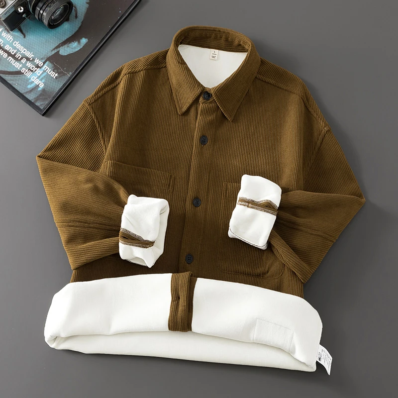 2024新款爆款衬衫领加绒加厚长袖男士秋冬帅气男生翻领保暖外套I