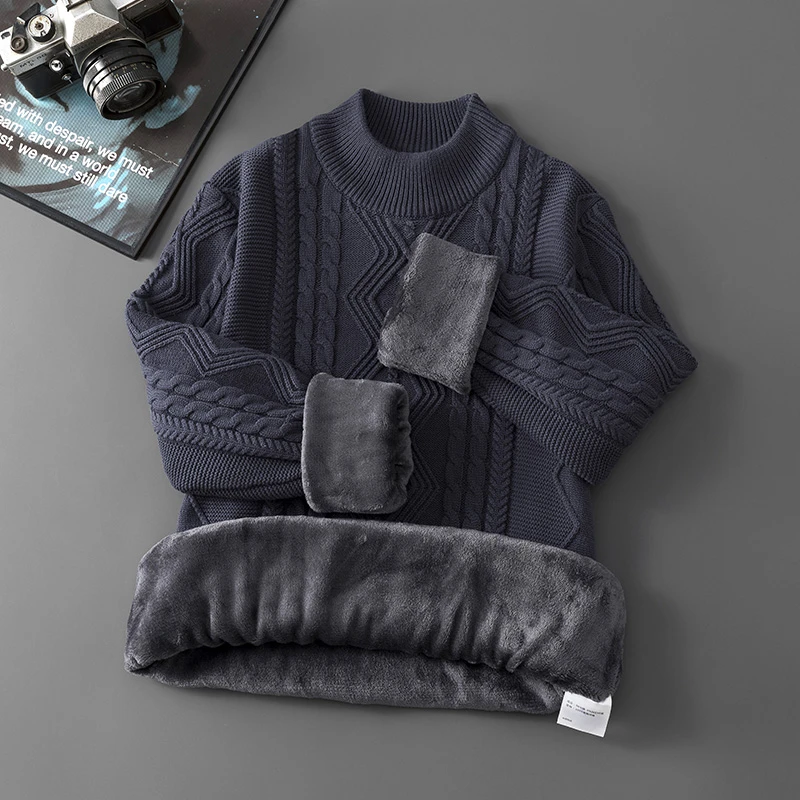 御寒保暖半高领毛衣男2024年冬季一体绒毛衫加绒加厚中领针织衫D