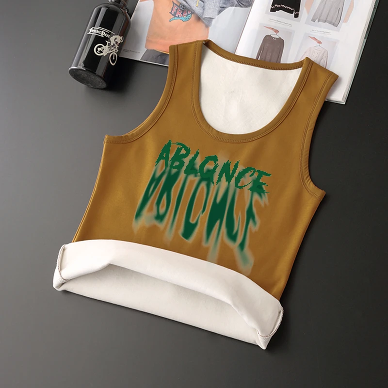 时尚大图案背心流行无袖马甲保暖衣加绒打底衫男内搭圆领体恤I