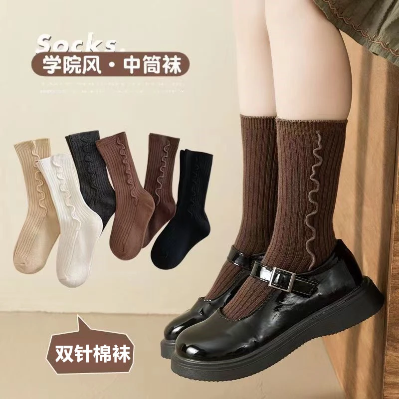 儿童袜子女童棉袜春秋季女童中筒袜双针纯色学生高筒袜女童长筒袜