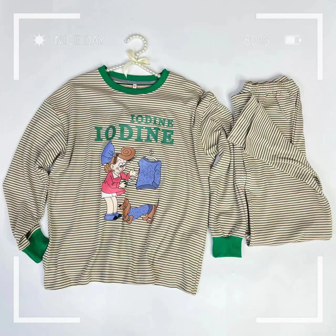 秋季女睡衣长袖长裤卡通宽松条纹圆领套头睡衣休闲可外穿家居服