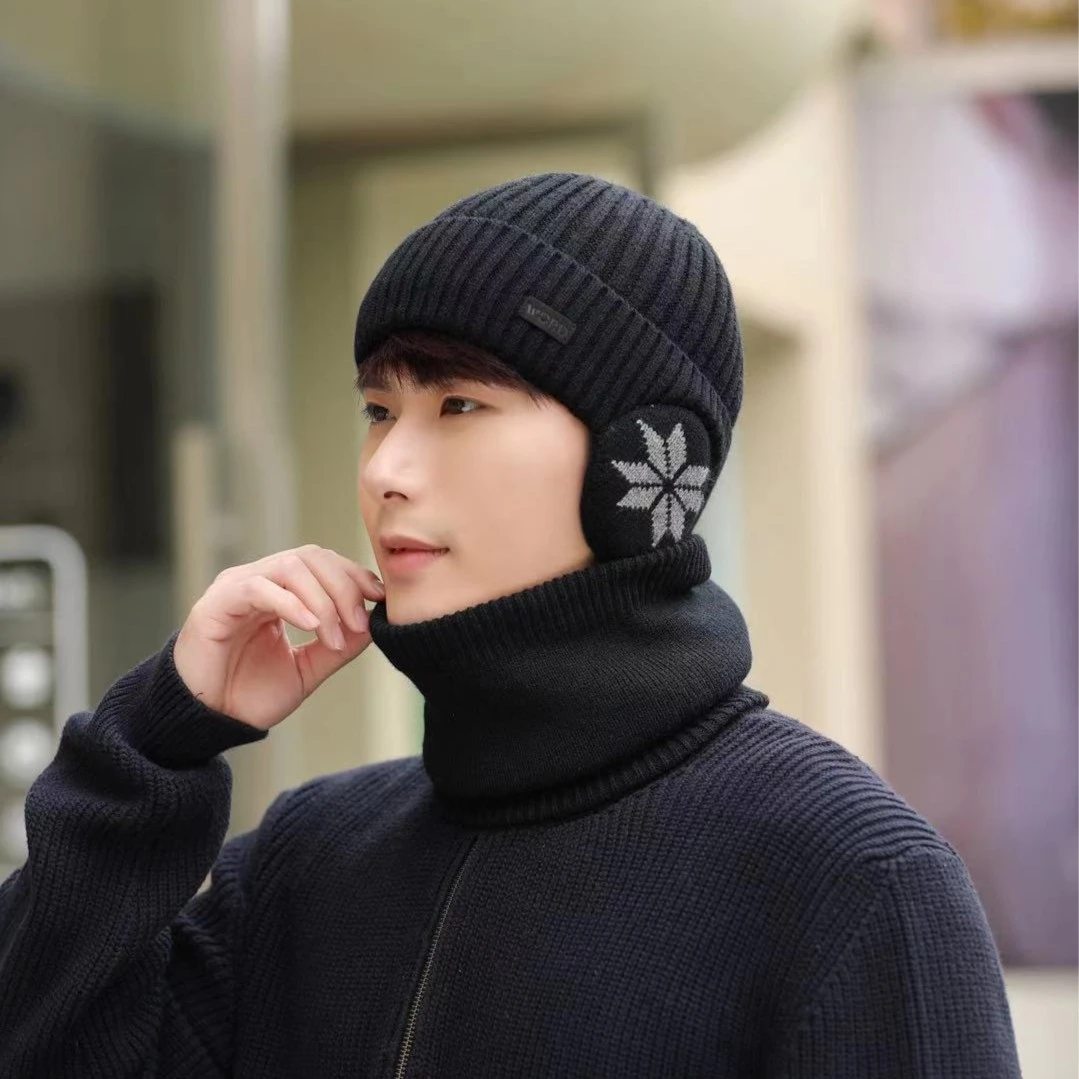 帽子男冬季保暖针织帽户外骑车加绒护耳毛线帽围脖男士冬帽防寒