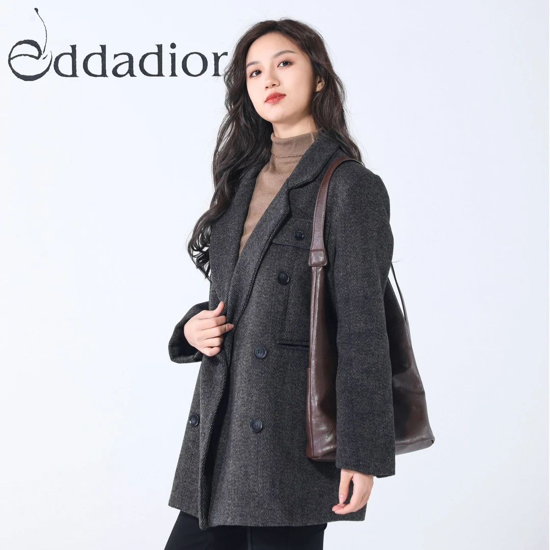 EDDADIOR2024秋冬设计师款毛呢大衣赫本风韩版呢子外套女士中长款