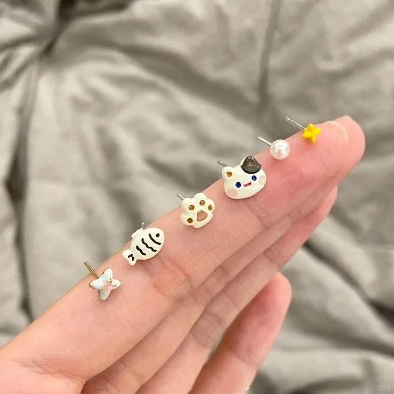 铜合金耳饰 梅姐饰品2809设计感猫猫和小鱼套装耳环女ins甜美耳饰