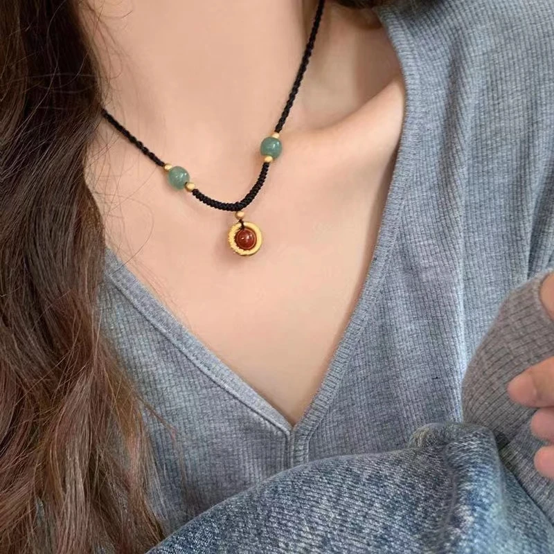 铜合金项链 梅姐饰品2070红豆平安扣项链女编织绳锁骨链