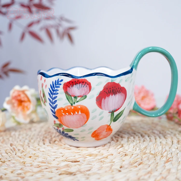【蓁馨】繁花似锦陶瓷手绘曲把大容量早餐燕麦杯牛奶杯浮雕耐热杯