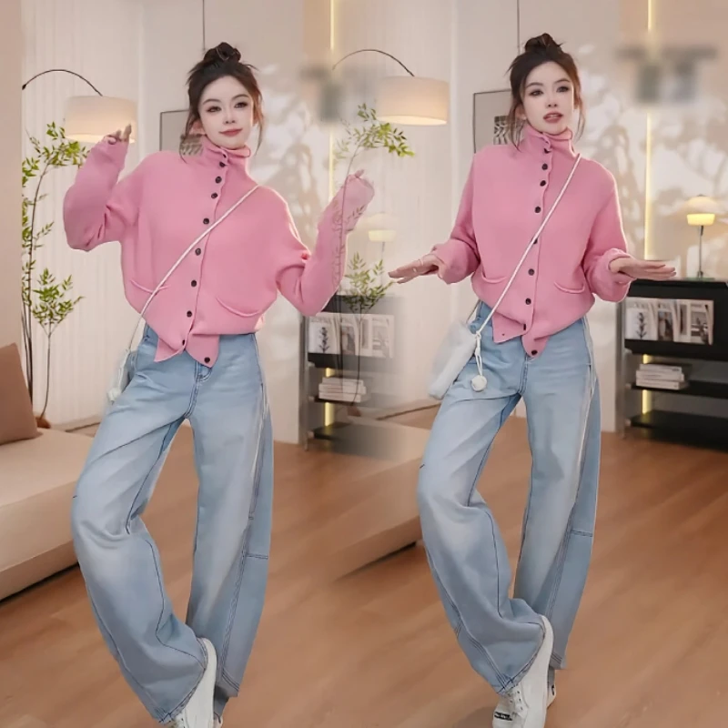 2024秋冬长袖针织百搭开衫毛衣加绒休闲拼接时尚百搭阔腿牛仔裤