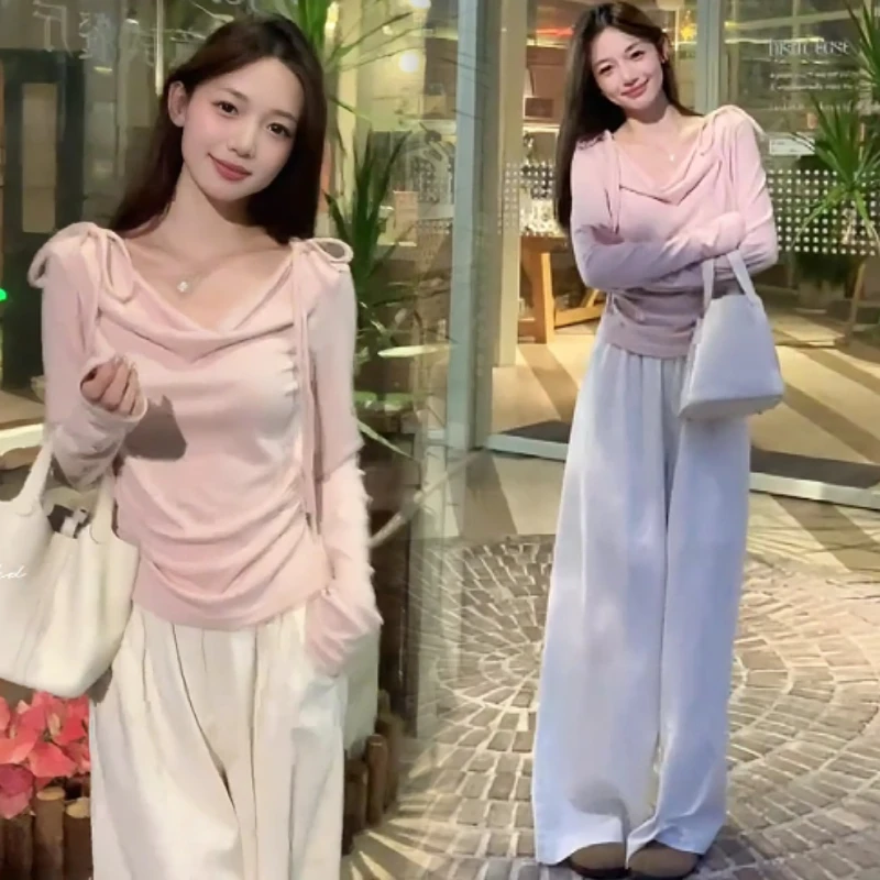 法式洋气显瘦蝴蝶结优雅百搭长袖针织上衣+高腰阔腿休闲裤子两件