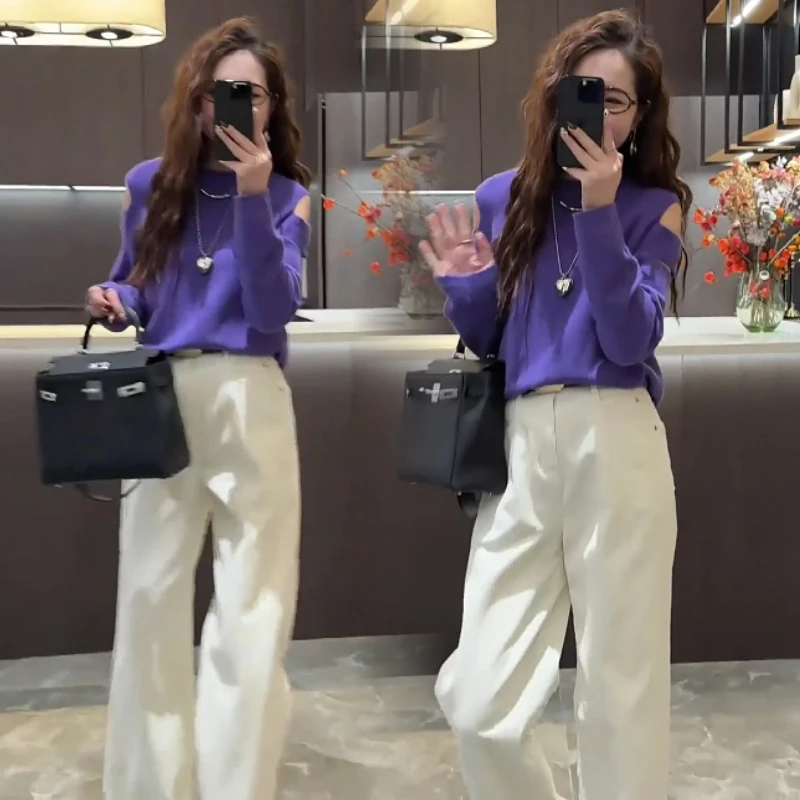 2025年秋季新款百搭露肩设计款圆领针织衫上衣+高腰直筒阔腿牛仔