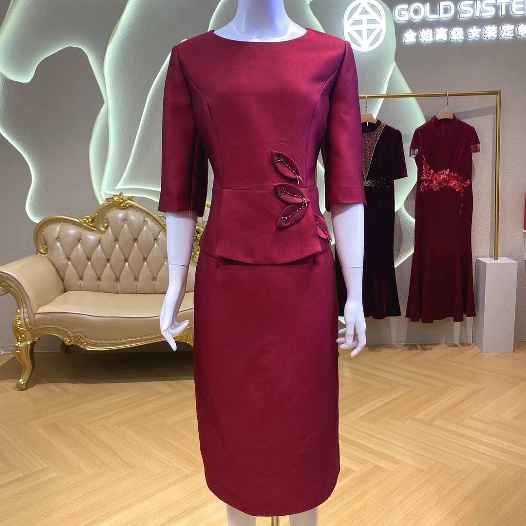 爆款礼服喜服修身显瘦气质喜婆婆喜妈妈喜服婚礼酒红色高端时尚