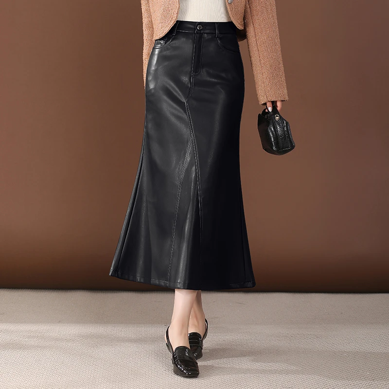 皮裙半身裙女包臀鱼尾裙2024秋冬新款高腰一步裙中长款显瘦裙子