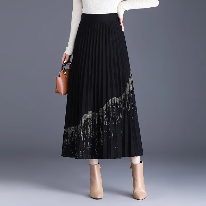 秋冬季新款毛线半身裙大摆长款高腰显瘦a字裙印花国风百褶长裙子