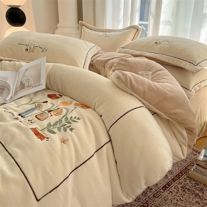 秋冬保暖高端品质消光绣花牛奶绒四件套