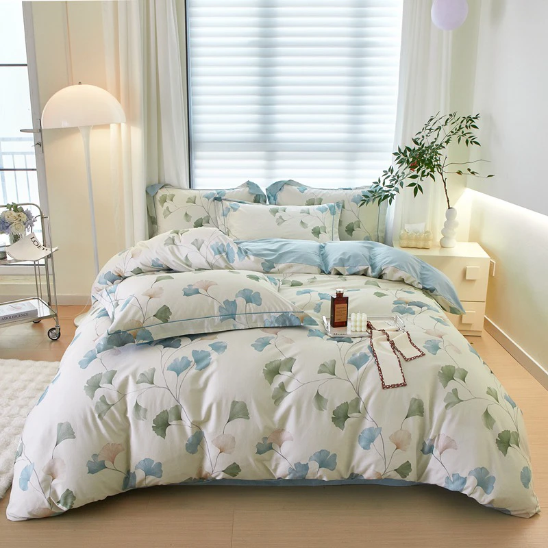 【小明】四季款全棉四件套大版印花被套床单枕套-浅碧舞绿Q