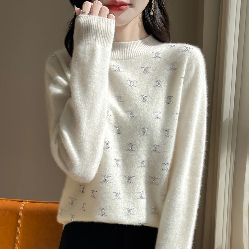 100%羊毛衫双C烫钻针织打底杉半高领女半高纯色百搭 通3