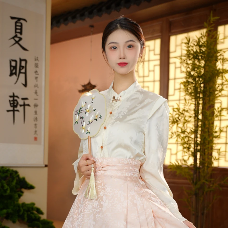 夏明轩【蝶恋花】新中式国风立领长袖暗纹提花衬衫秋季气质杏色衬衣