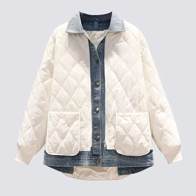 大码女装2024秋冬新款宽松厚款羽绒棉服胖MM拼接假两件牛仔外套潮