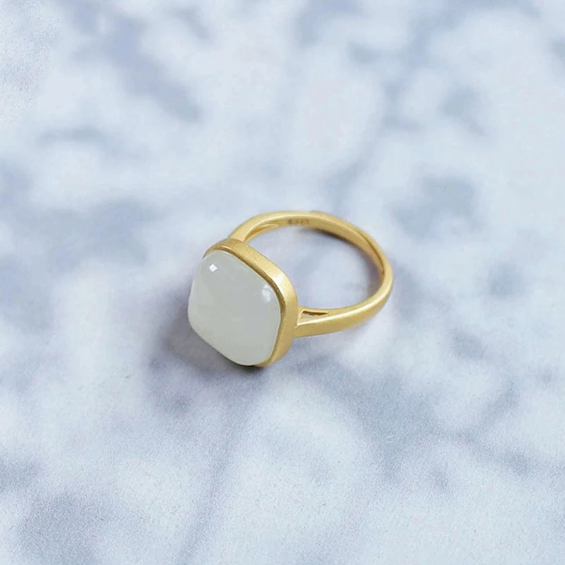 新疆和田玉小方形戒指天然白玉s925银镶嵌百搭玉石活口可调节送证