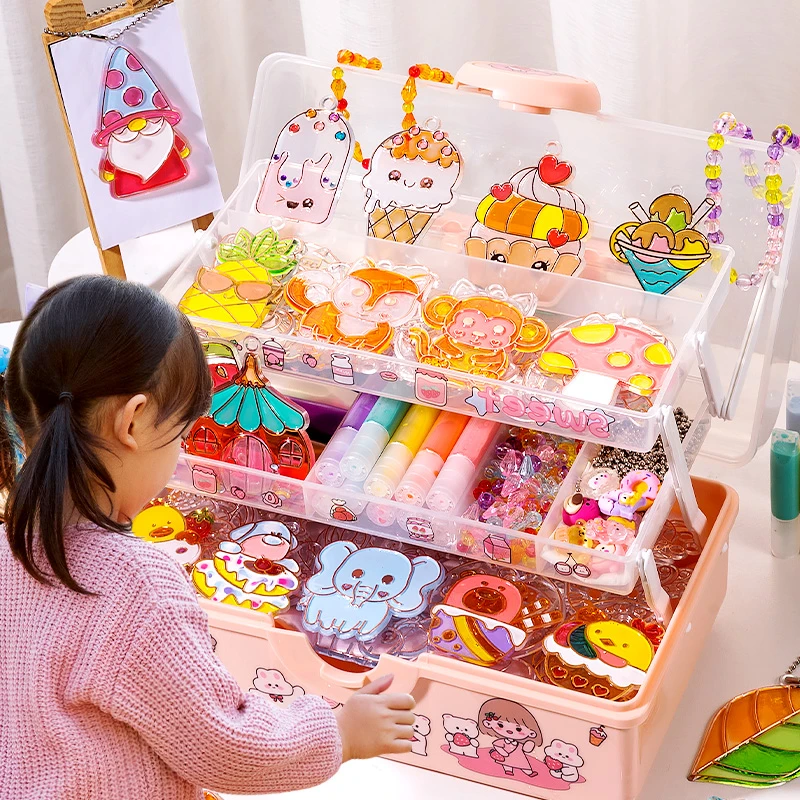 儿童diy手工伦堡画水晶玻璃免烤胶画烤画萌宝轮宝画填色玩具女孩
