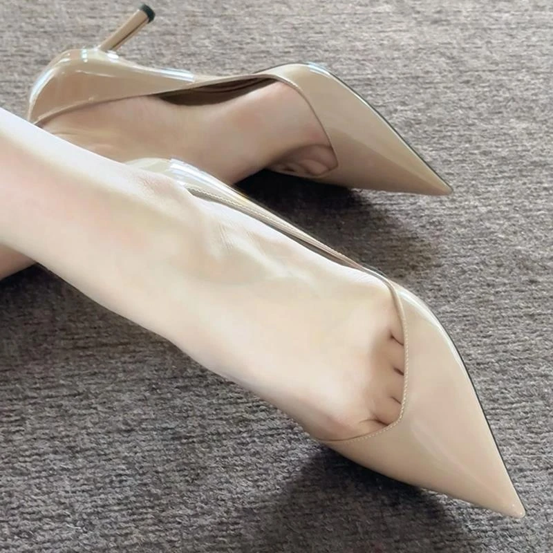 高跟鞋女细跟2024新款春秋尖头性感御姐气质绝美浅口漆皮裸色单鞋