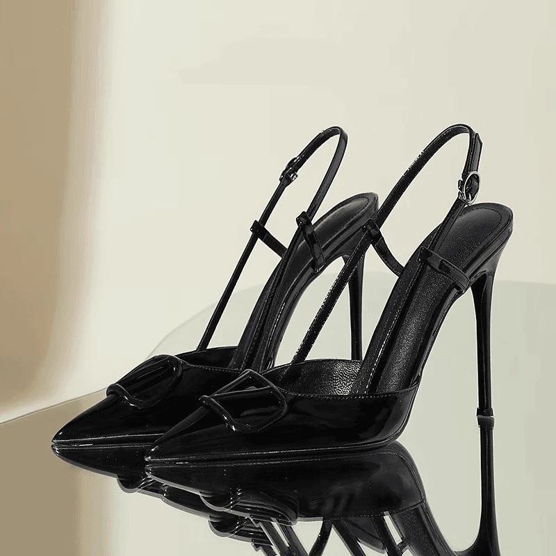 1213V夏季性感漆皮V扣黑色高跟鞋女后袢带一字带尖头包头后空